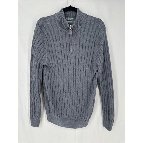 Lyle Scott Sweater Mens Medium Gray Cable Knit 1/4 Zip Pullover Combed Cotton - Picture 1 of 6
